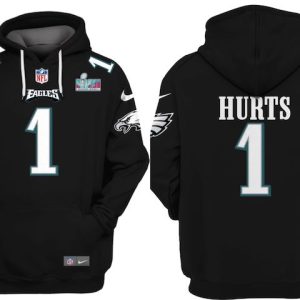 Philadelphia Eagles #1 Jalen Hurts Black Super Bowl LVII Patch Pullover Hoodie