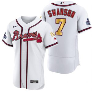 Atlanta Braves #7 Dansby Swanson White Gold World Series Champions Flex Base Stitched Jersey