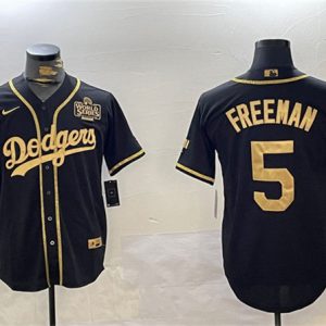Los Angeles Dodgers #5 Freddie Freeman Black Gold 2024 World Series Patch And Champions Patch Cool Base Stitched Jersey