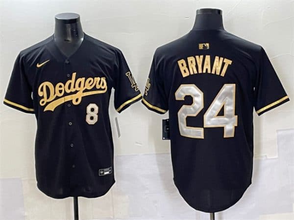 Los Angeles Dodgers Front #8 Back #24 Kobe Bryant Black Gold Limited Stitched Jersey