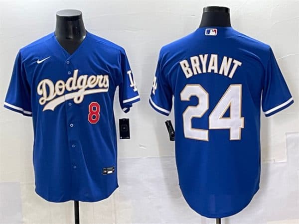Los Angeles Dodgers Front #8 Back #24 Kobe Bryant Blue Gold Cool Base Stitched Jersey
