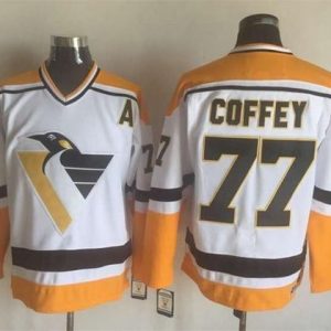 Penguins #77 Paul Coffey White Yellow CCM Throwback Stitched Jersey