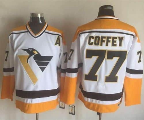 Penguins #77 Paul Coffey White Yellow CCM Throwback Stitched Jersey