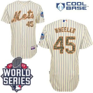 Mets #45 Zack Wheeler Cream(Blue Strip) USMC Cool Base W 2015 World Series Patch Stitched Jersey
