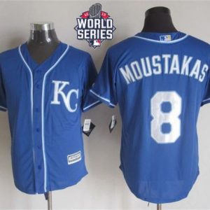 Royals #8 Mike Moustakas Blue Alternate 2 New Cool Base W 2015 World Series Patch Stitched Jersey