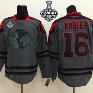 Blackhawks #16 Marcus Kruger Charcoal Cross Check Fashion 2015 Stanley Cup Stitched Jersey