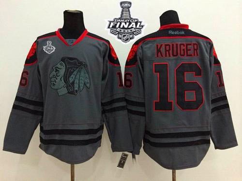 Blackhawks #16 Marcus Kruger Charcoal Cross Check Fashion 2015 Stanley Cup Stitched Jersey