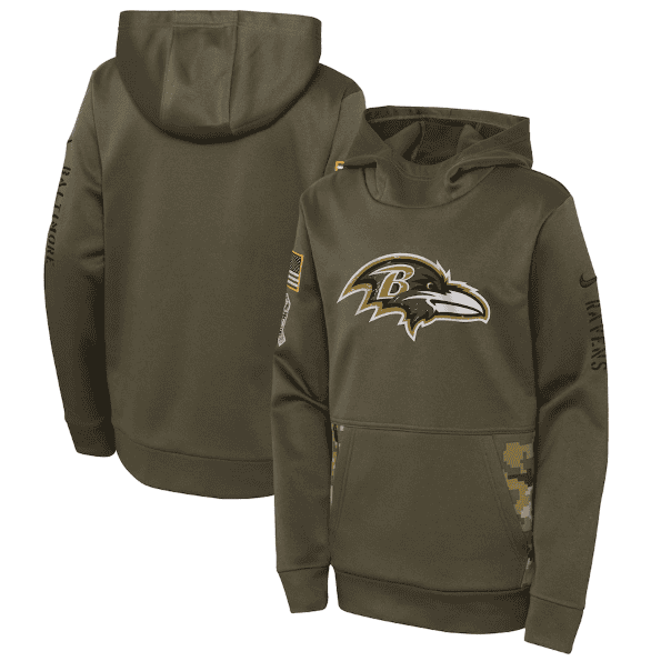Youth Baltimore Ravens 2022 Olive Salute To Service Therma Performance Pullover Hoodie
