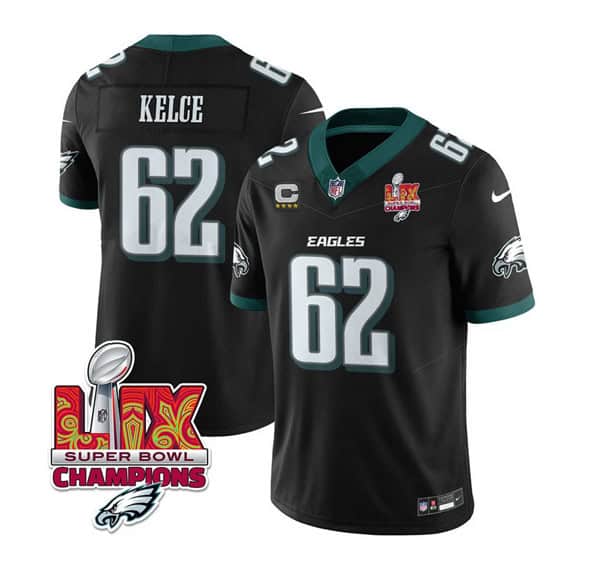Philadelphia Eagles #62 Jason Kelce Black 2025 Eagles Logo Super Bowl LIX Patch And 4-Star C Patch New F.U.S.E. Vapor Limited Stitched Jersey