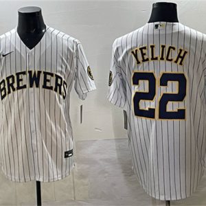 Milwaukee Brewers #22 Christian Yelich White Pinstripe 2025 With Patch Stitched Jersey