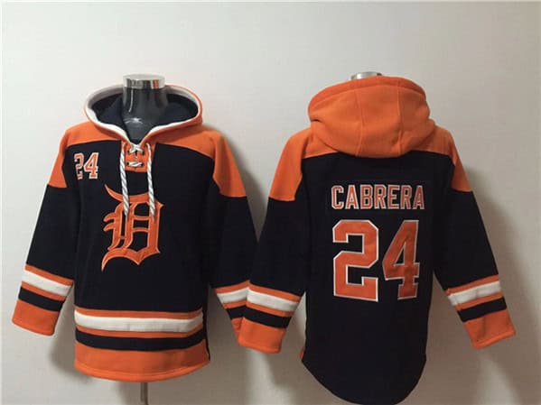 Detroit Tigers #24 Miguel Cabrera Black Orange Lace-Up Pullover Hoodie