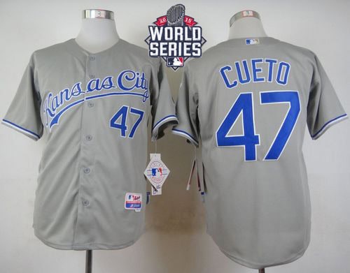 Royals #47 Johnny Cueto Grey Cool Base W 2015 World Series Patch Stitched Jersey