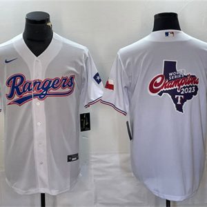Texas Rangers White 2023 World Series Champions Big Logo With Patch Cool Base Stitched Jersey