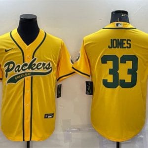 Green Bay Packers #33 Aaron Jones Gold With Patch Cool Base Stitched Baseball Jersey