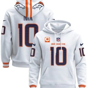 Denver Broncos #10 Bo Nix White With 1-Star C Patch Pullover Hoodie