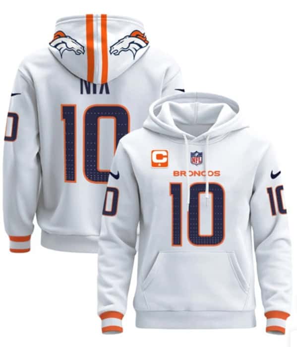 Denver Broncos #10 Bo Nix White With 1-Star C Patch Pullover Hoodie