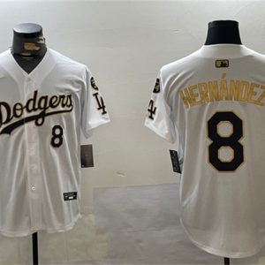 Los Angeles Dodgers #8 Enrique Hernandez White Gold 2024 World Series With Fernando Memorial Patch Home Limited Stitched Jersey