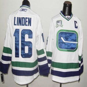 Canucks #16 Trevor Linden Stitched White With 40TH Patch Third Jersey