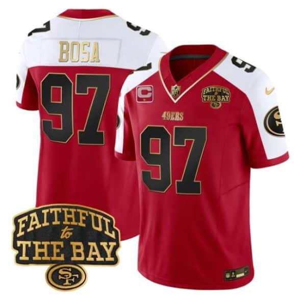 San Francisco 49ers #97 Nick Bosa Red Alternate 2025 F.U.S.E. 1-Star C With Faithful To The Bay Patch Limited V8 Stitched Jersey