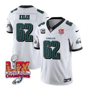 Philadelphia Eagles #62 Jason Kelce White 2025 Eagles Logo Super Bowl LIX Patch And 4-Star C Patch New F.U.S.E. Vapor Limited Stitched Jersey