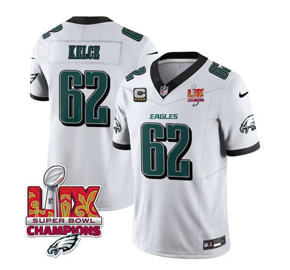 Philadelphia Eagles #62 Jason Kelce White 2025 Eagles Logo Super Bowl LIX Patch And 4-Star C Patch New F.U.S.E. Vapor Limited Stitched Jersey
