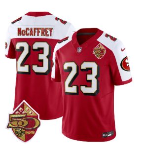 San Francisco 49ers #23 Christian McCaffrey Red White 2023 F.U.S.E. 50th Patch Throwback Stitched Jersey