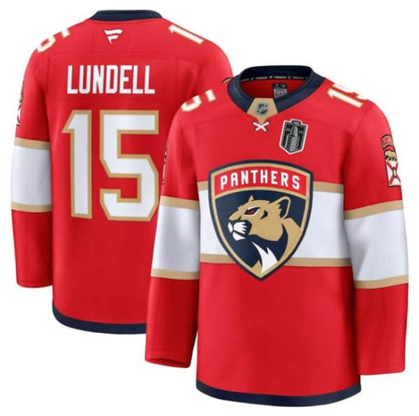Florida Panthers #15 Anton Lundell Red 2025 Stanley Cup Final Patch Stitched Jersey