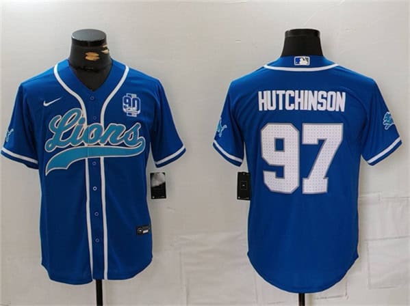 Detroit Lions #97 Aidan Hutchinson Blue With 90th Anniversary Patch Cool Base Stitched Jersey