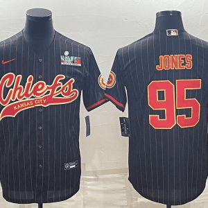 Kansas City Chiefs #95 Chris Jones Black With Super Bowl LVII Patch Cool Base Stitched Baseball Jersey