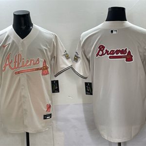 Atlanta Braves Team Big Logo Cream 2024 Atliens Peach With Outkast Patch Vapor Limited Stitched Jersey