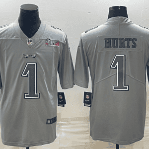 Philadelphia Eagles #1 Jalen Hurts Gray Super Bowl LVII Patch Atmosphere Fashion Stitched Jersey