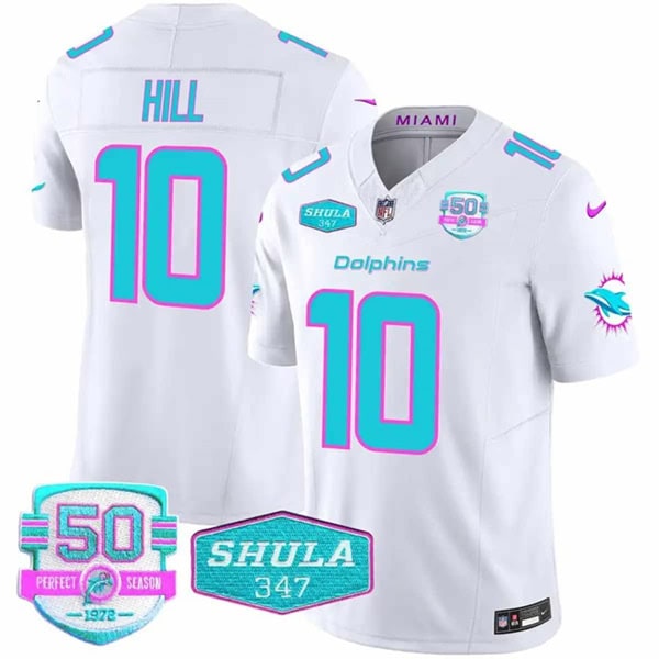 Miami Dolphins #10 Tyreek Hill White F.U.S.E. With 347 Shula Patch And 50th Perfect Season Patch Vapor Limited Stitched Jersey