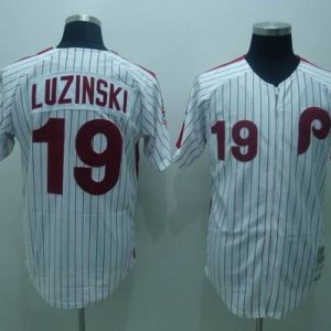 Mitchell And Ness Phillies #19 Greg Luzinski Stitched White Red Strip Throwback Jersey