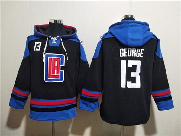 Los Angeles Clippers #13 Paul George Black Blue Lace-Up Pullover Hoodie