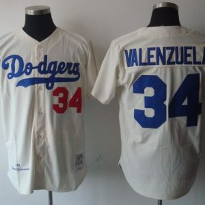 Mitchell And Ness Dodgers #34 Fernando Valenzuela Stitched Cream Jersey