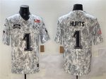 Philadelphia Eagles #1 Jalen Hurts Arctic Camo 2025 Super Bowl LIX Patch F.U.S.E Salute To Service Limited Stitched Jersey