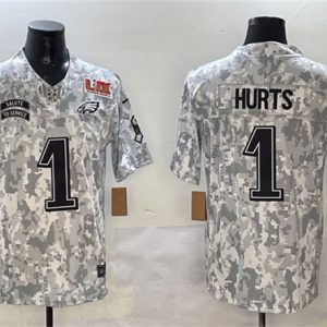 Philadelphia Eagles #1 Jalen Hurts Arctic Camo 2025 Super Bowl LIX Patch F.U.S.E Salute To Service Limited Stitched Jersey