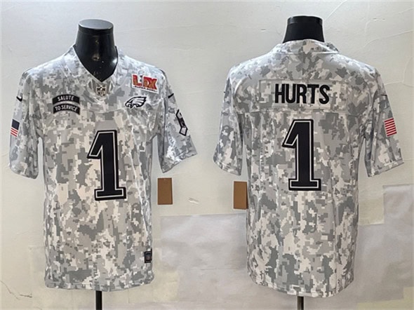 Philadelphia Eagles #1 Jalen Hurts Arctic Camo 2025 Super Bowl LIX Patch F.U.S.E Salute To Service Limited Stitched Jersey