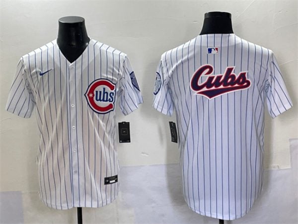 Chicago Cubs Team Big Logo White Pinstripe 2nd Alternate Limited Stitched Jersey