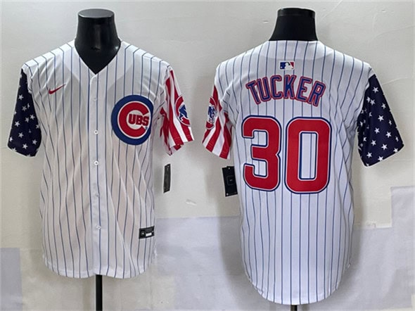 Chicago Cubs #30 Kyle Tucker White Pinstripe 2025 Independence Day Vapor Premier Limited Stitched Jersey