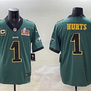 Philadelphia Eagles #1 Jalen Hurts Green Golden 2025 Super Bowl LIX Patch And 2-Star C Patch Vapor Untouchable Limited Stitched Jersey