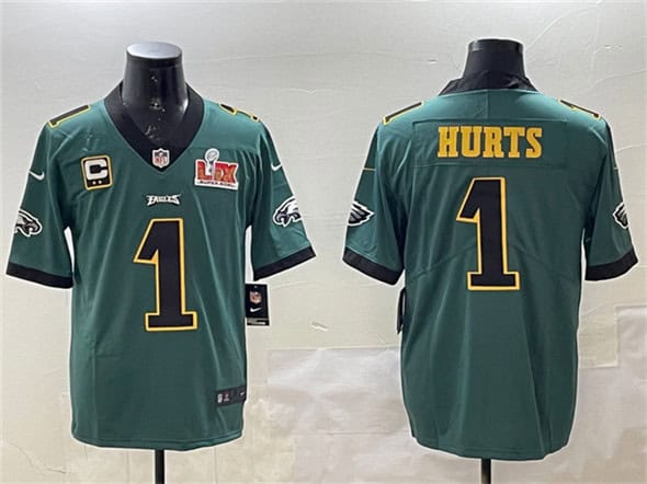 Philadelphia Eagles #1 Jalen Hurts Green Golden 2025 Super Bowl LIX Patch And 2-Star C Patch Vapor Untouchable Limited Stitched Jersey