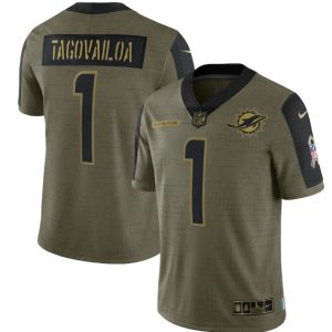 Miami Dolphins #1 Tua Tagovailoa 2021 Olive Salute To Service Limited Stitched Jersey