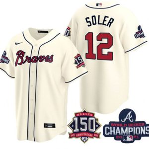 Atlanta Braves #12 Jorge Soler 2021 Cream World Series Champions With 150th Anniversary Patch Cool Base Stitched Jersey