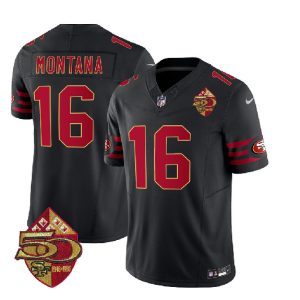 San Francisco 49ers #16 Joe Montana Black 2023 F.U.S.E. 50th Patch Throwback Stitched Jersey