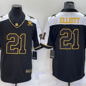 Dallas Cowboys #21 Ezekiel Elliott Black Gold Thanksgiving With Patch Stitched Jersey
