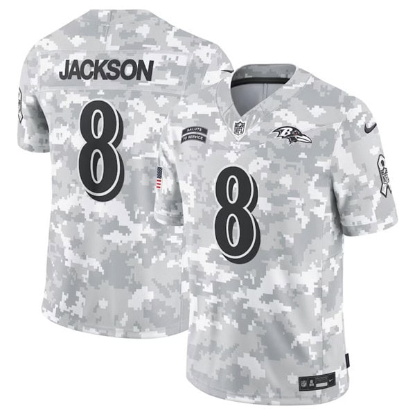 Baltimore Ravens #8 Lamar Jackson Arctic Camo 2024 F.U.S.E. Salute To Service Limited Stitched Jersey