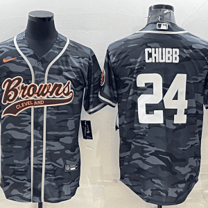 Cleveland Browns #24 Nick Chubb Grey Camo With Patch Cool Base Stitched Baseball Jersey