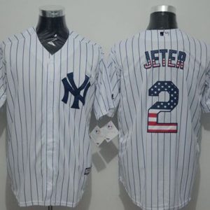 Yankees #2 Derek Jeter White Strip USA Flag Fashion Stitched Jersey