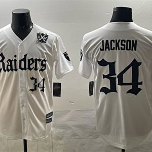 Las Vegas Raiders #34 Bo Jackson White 'Gothic Sin City Shadows Edition' With 65th Anniversary Patch Vapor Limited Stitched Jersey